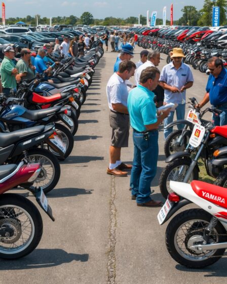várias pessoas olhando motos em um leilão do DETRAN