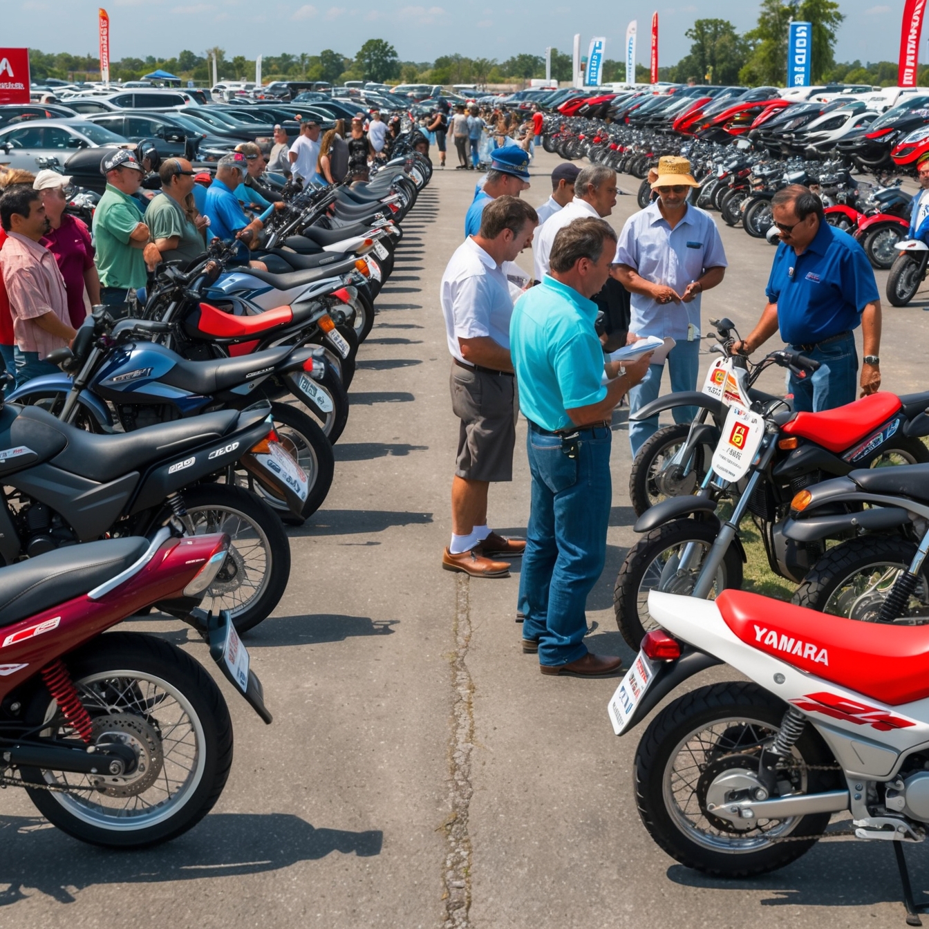 várias pessoas olhando motos em um leilão do DETRAN