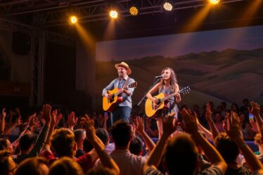 A concert stage in a lively university town, illuminated by warm golden spotlights. On stage, a charismatic duo of sertanejo musicians, one strumming a guitar, the other crooning into a microphone, their voices blending in a captivating harmony. The audience, a sea of swaying bodies and raised hands, their faces alight with joy and connection. In the background, a vibrant mural depicting the rolling hills and rural landscapes that inspired this quintessential Brazilian musical genre. The scene exudes a sense of youthful energy, cultural pride, and the universal power of music to bring people together.