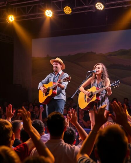 A concert stage in a lively university town, illuminated by warm golden spotlights. On stage, a charismatic duo of sertanejo musicians, one strumming a guitar, the other crooning into a microphone, their voices blending in a captivating harmony. The audience, a sea of swaying bodies and raised hands, their faces alight with joy and connection. In the background, a vibrant mural depicting the rolling hills and rural landscapes that inspired this quintessential Brazilian musical genre. The scene exudes a sense of youthful energy, cultural pride, and the universal power of music to bring people together.