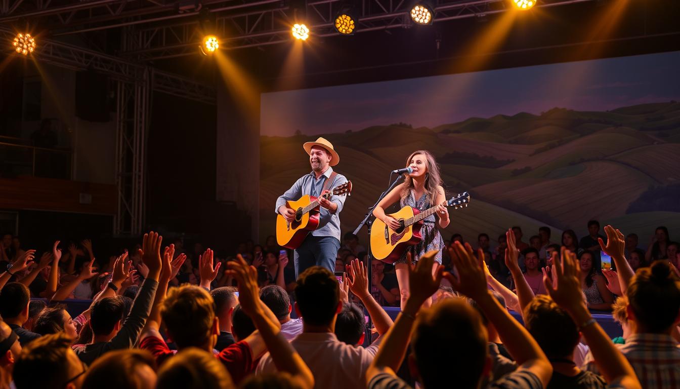 A concert stage in a lively university town, illuminated by warm golden spotlights. On stage, a charismatic duo of sertanejo musicians, one strumming a guitar, the other crooning into a microphone, their voices blending in a captivating harmony. The audience, a sea of swaying bodies and raised hands, their faces alight with joy and connection. In the background, a vibrant mural depicting the rolling hills and rural landscapes that inspired this quintessential Brazilian musical genre. The scene exudes a sense of youthful energy, cultural pride, and the universal power of music to bring people together.