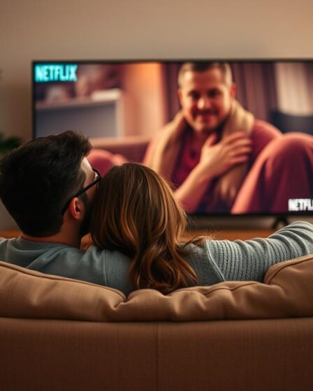 A couple cuddled on a plush couch, sharing a moment of intimacy as they watch a captivating film on a large, high-definition television screen. The warm glow of the screen illuminates their faces, casting a soft, romantic light. The living room is cozy and inviting, with bookshelves lining the walls and a lush, verdant plant adding a touch of natural charm. The atmosphere is one of comfort, connection, and the shared experience of storytelling that Netflix facilitates. The overall scene conveys the idea of "Netflix and Relationships" - the way technology can bring people together and enhance the intimacy of personal relationships.