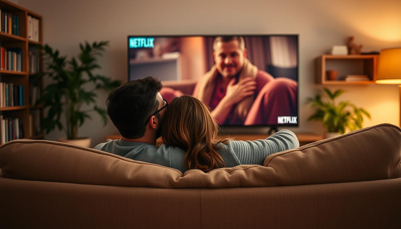 A couple cuddled on a plush couch, sharing a moment of intimacy as they watch a captivating film on a large, high-definition television screen. The warm glow of the screen illuminates their faces, casting a soft, romantic light. The living room is cozy and inviting, with bookshelves lining the walls and a lush, verdant plant adding a touch of natural charm. The atmosphere is one of comfort, connection, and the shared experience of storytelling that Netflix facilitates. The overall scene conveys the idea of "Netflix and Relationships" - the way technology can bring people together and enhance the intimacy of personal relationships.