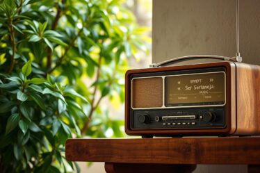 A cozy home radio setup with a vintage-style wooden radio resting on a rustic wooden shelf, against a backdrop of lush, verdant foliage. Soft, warm lighting illuminates the scene, creating a serene and inviting atmosphere. The radio's dial is tuned to a station playing upbeat, melodic sertaneja music, filling the room with the familiar, nostalgic sounds of the Brazilian countryside. The composition is balanced and visually pleasing, capturing the essence of accessible, free-to-enjoy sertaneja music online.
