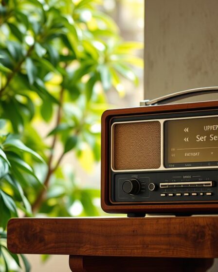 A cozy home radio setup with a vintage-style wooden radio resting on a rustic wooden shelf, against a backdrop of lush, verdant foliage. Soft, warm lighting illuminates the scene, creating a serene and inviting atmosphere. The radio's dial is tuned to a station playing upbeat, melodic sertaneja music, filling the room with the familiar, nostalgic sounds of the Brazilian countryside. The composition is balanced and visually pleasing, capturing the essence of accessible, free-to-enjoy sertaneja music online.