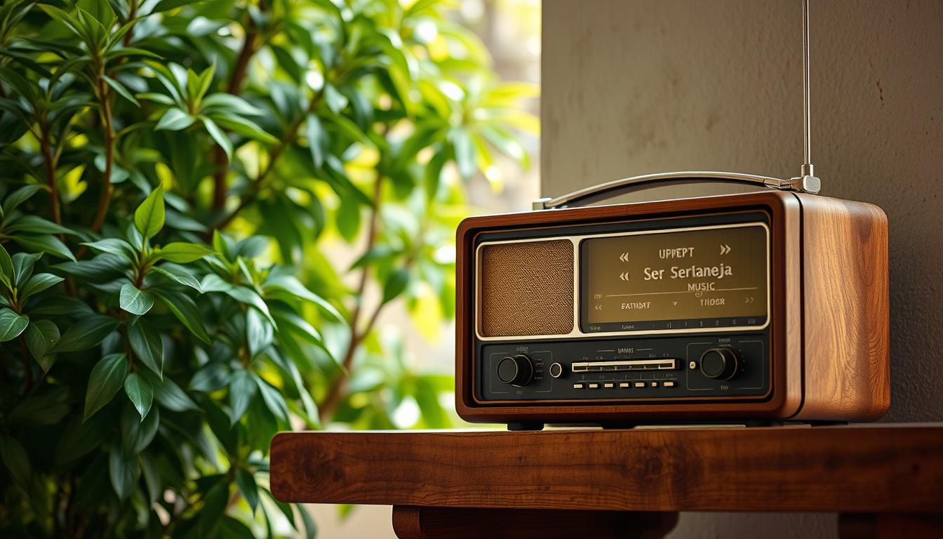 A cozy home radio setup with a vintage-style wooden radio resting on a rustic wooden shelf, against a backdrop of lush, verdant foliage. Soft, warm lighting illuminates the scene, creating a serene and inviting atmosphere. The radio's dial is tuned to a station playing upbeat, melodic sertaneja music, filling the room with the familiar, nostalgic sounds of the Brazilian countryside. The composition is balanced and visually pleasing, capturing the essence of accessible, free-to-enjoy sertaneja music online.