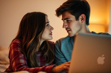 A cozy, intimate scene of a romantic online connection. In the foreground, two young people gaze into each other's eyes, their faces lit by the soft, warm glow of a laptop screen. The background is blurred, but suggests a comfortable, private setting, perhaps a bedroom or living room. The lighting is soft and natural, creating a sense of intimacy and connection. The composition is centered, with the two figures taking up the majority of the frame, conveying the sense of a meaningful, personal moment shared between them. The overall atmosphere is one of casual, authentic romance, reflecting the reliable, free online dating experience.
