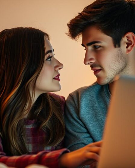 A cozy, intimate scene of a romantic online connection. In the foreground, two young people gaze into each other's eyes, their faces lit by the soft, warm glow of a laptop screen. The background is blurred, but suggests a comfortable, private setting, perhaps a bedroom or living room. The lighting is soft and natural, creating a sense of intimacy and connection. The composition is centered, with the two figures taking up the majority of the frame, conveying the sense of a meaningful, personal moment shared between them. The overall atmosphere is one of casual, authentic romance, reflecting the reliable, free online dating experience.