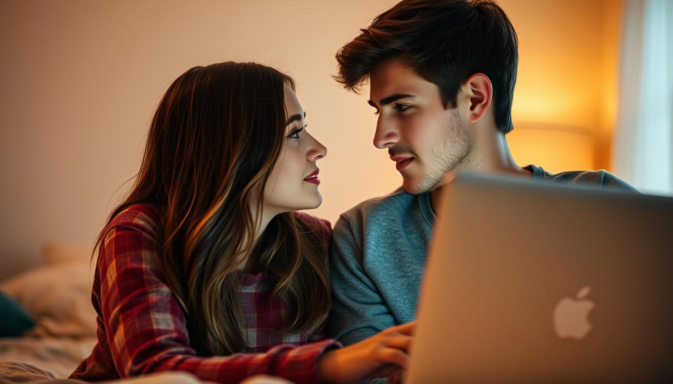 A cozy, intimate scene of a romantic online connection. In the foreground, two young people gaze into each other's eyes, their faces lit by the soft, warm glow of a laptop screen. The background is blurred, but suggests a comfortable, private setting, perhaps a bedroom or living room. The lighting is soft and natural, creating a sense of intimacy and connection. The composition is centered, with the two figures taking up the majority of the frame, conveying the sense of a meaningful, personal moment shared between them. The overall atmosphere is one of casual, authentic romance, reflecting the reliable, free online dating experience.