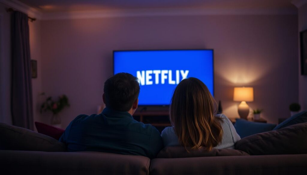 A cozy living room, dimly lit with warm overhead lighting, the glow of a television screen casting a soft blue hue. On the screen, the familiar Netflix logo appears, beckoning viewers to explore a world of cinematic delights. In the foreground, a pair of individuals, a man and a woman, sit comfortably on a plush sofa, their eyes fixed on the screen, their expressions captivated by the stories unfolding before them. The background is blurred, creating a sense of intimacy and focus, drawing the viewer's attention to the connection between the two people. The overall atmosphere conveys a sense of comfort, relaxation, and the potential for deeper bonds to form, as if the Netflix app has the power to unite like-minded cinephiles. A cozy living room, dimly lit with warm overhead lighting, the glow of a television screen casting a soft blue hue. On the screen, the familiar Netflix logo appears, beckoning viewers to explore a world of cinematic delights. In the foreground, a pair of individuals, a man and a woman, sit comfortably on a plush sofa, their eyes fixed on the screen, their expressions captivated by the stories unfolding before them. The background is blurred, creating a sense of intimacy and focus, drawing the viewer's attention to the connection between the two people. The overall atmosphere conveys a sense of comfort, relaxation, and the potential for deeper bonds to form, as if the Netflix app has the power to unite like-minded cinephiles.