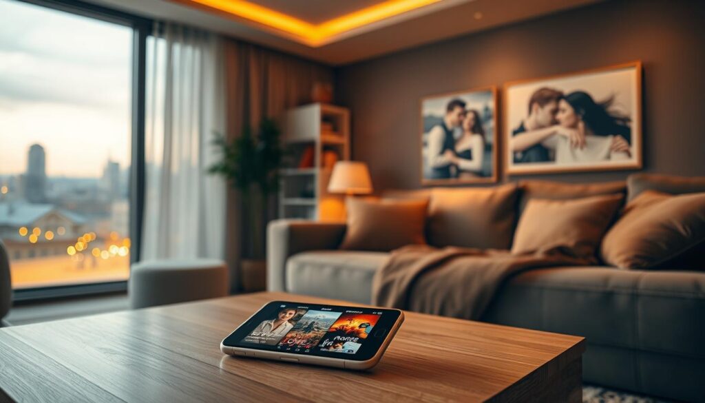 A cozy living room in 2025, filled with soft lighting and warm tones. On the coffee table, a modern smartphone displays a sleek movie streaming app, its interface showcasing a curated selection of romantic films. Plush sofas invite viewers to curl up and get lost in captivating love stories, while a large window offers a glimpse of a vibrant city skyline in the distance. The atmosphere exudes a sense of comfort and anticipation, inviting the viewer to discover their next cinematic adventure.