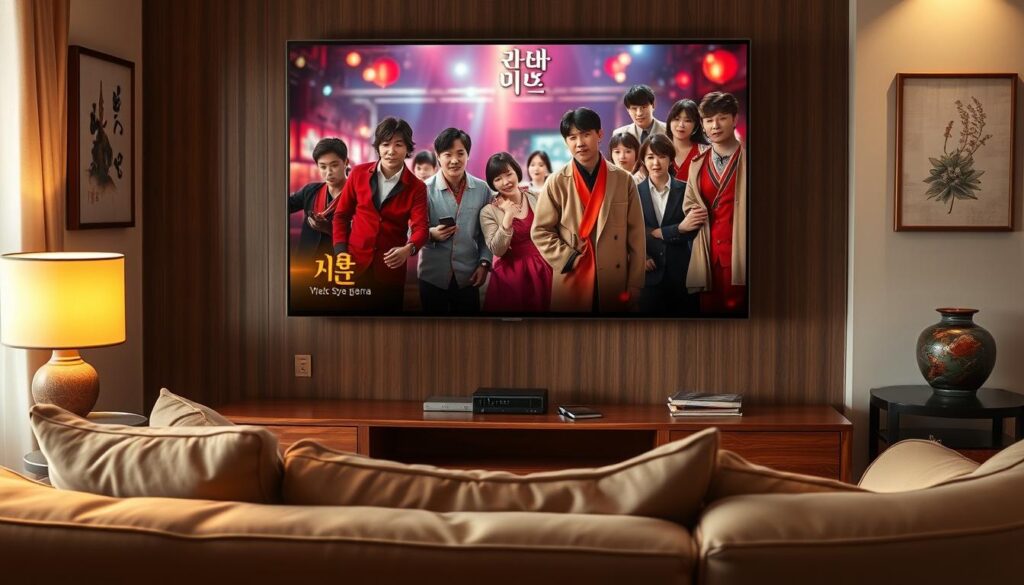 A cozy living room scene with a large flat-screen television prominently displayed. The TV is playing a vibrant and dramatic Korean drama, the screen filled with expressive characters and captivating visuals. In the foreground, a comfortable sofa and armchair invite the viewer to settle in and enjoy the show. Warm, diffused lighting creates a welcoming atmosphere, while subtle hints of Korean decor, such as a traditional painting or pottery, can be seen in the background. The overall mood is one of relaxation and immersion in the world of Korean entertainment, inviting the viewer to experience the joy of watching Korean dramas for free. A cozy living room scene with a large flat-screen television prominently displayed. The TV is playing a vibrant and dramatic Korean drama, the screen filled with expressive characters and captivating visuals. In the foreground, a comfortable sofa and armchair invite the viewer to settle in and enjoy the show. Warm, diffused lighting creates a welcoming atmosphere, while subtle hints of Korean decor, such as a traditional painting or pottery, can be seen in the background. The overall mood is one of relaxation and immersion in the world of Korean entertainment, inviting the viewer to experience the joy of watching Korean dramas for free.