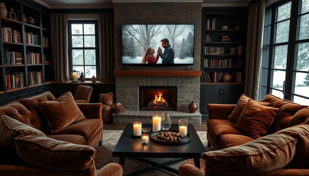 A cozy living room scene with plush velvet sofas and a coffee table adorned with candles and a tray of gourmet chocolates. Soft lighting from a crackling fireplace and a large flatscreen TV mounted on the wall, showcasing a romantic film on the screen. Bookshelves line the walls, filled with classic love stories. A gentle snowfall is visible through the large windows, creating a serene, intimate atmosphere. Warm, inviting textures and muted colors evoke a sense of comfort and indulgence, perfect for a night of streaming romantic movies. A cozy living room scene with plush velvet sofas and a coffee table adorned with candles and a tray of gourmet chocolates. Soft lighting from a crackling fireplace and a large flatscreen TV mounted on the wall, showcasing a romantic film on the screen. Bookshelves line the walls, filled with classic love stories. A gentle snowfall is visible through the large windows, creating a serene, intimate atmosphere. Warm, inviting textures and muted colors evoke a sense of comfort and indulgence, perfect for a night of streaming romantic movies.