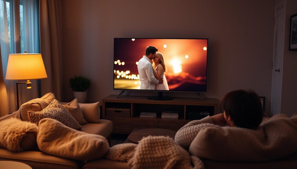 A cozy living room setting, with a large comfortable couch and soft lighting from a table lamp. On the screen of a modern, sleek television, a romantic movie is playing, the characters embraced in a tender moment. The room is decorated with plush throws and pillows, creating an inviting and intimate atmosphere. The lighting is warm and slightly dim, casting a gentle glow over the scene. The camera angle is slightly elevated, capturing the entire living room setup and the television screen in the center. The overall mood is one of relaxation, comfort, and the joy of experiencing a heartwarming film. A cozy living room setting, with a large comfortable couch and soft lighting from a table lamp. On the screen of a modern, sleek television, a romantic movie is playing, the characters embraced in a tender moment. The room is decorated with plush throws and pillows, creating an inviting and intimate atmosphere. The lighting is warm and slightly dim, casting a gentle glow over the scene. The camera angle is slightly elevated, capturing the entire living room setup and the television screen in the center. The overall mood is one of relaxation, comfort, and the joy of experiencing a heartwarming film.