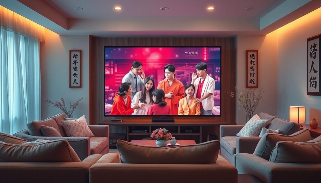 A cozy living room setting, with a large, high-definition television screen taking center stage. The screen displays a vibrant, richly-colored Korean drama, its characters engaged in a captivating narrative. Plush, comfortable sofas and armchairs surround the television, inviting the viewer to sink in and become immersed in the show. Warm, indirect lighting casts a soft glow, creating an atmosphere of relaxation and escapism. In the background, subtle hints of traditional Korean decor, such as calligraphy scrolls or delicate floral arrangements, add depth and cultural context to the scene. The overall composition conveys the allure of watching Korean dramas, transporting the viewer to a world of compelling storytelling and cultural exploration. A cozy living room setting, with a large, high-definition television screen taking center stage. The screen displays a vibrant, richly-colored Korean drama, its characters engaged in a captivating narrative. Plush, comfortable sofas and armchairs surround the television, inviting the viewer to sink in and become immersed in the show. Warm, indirect lighting casts a soft glow, creating an atmosphere of relaxation and escapism. In the background, subtle hints of traditional Korean decor, such as calligraphy scrolls or delicate floral arrangements, add depth and cultural context to the scene. The overall composition conveys the allure of watching Korean dramas, transporting the viewer to a world of compelling storytelling and cultural exploration.