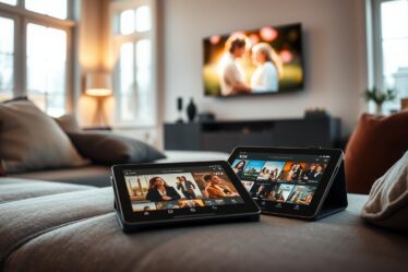A cozy living room setting with a plush gray sofa and cushions in the foreground. On the coffee table, an open tablet displays the Vix app interface, showcasing a selection of romantic movie covers. In the background, a wall-mounted TV plays a romantic film trailer, casting a warm glow across the scene. Soft, natural lighting filters through large windows, creating a inviting and intimate atmosphere. The overall mood is one of comfort, nostalgia, and the anticipation of discovering new cinematic love stories through the Vix app.