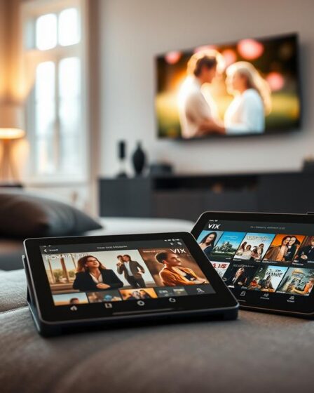 A cozy living room setting with a plush gray sofa and cushions in the foreground. On the coffee table, an open tablet displays the Vix app interface, showcasing a selection of romantic movie covers. In the background, a wall-mounted TV plays a romantic film trailer, casting a warm glow across the scene. Soft, natural lighting filters through large windows, creating a inviting and intimate atmosphere. The overall mood is one of comfort, nostalgia, and the anticipation of discovering new cinematic love stories through the Vix app.