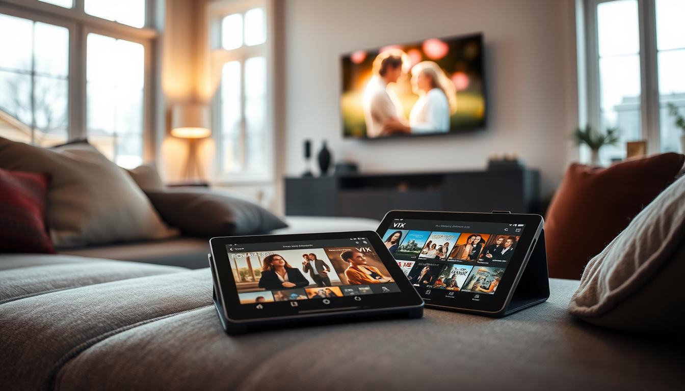 A cozy living room setting with a plush gray sofa and cushions in the foreground. On the coffee table, an open tablet displays the Vix app interface, showcasing a selection of romantic movie covers. In the background, a wall-mounted TV plays a romantic film trailer, casting a warm glow across the scene. Soft, natural lighting filters through large windows, creating a inviting and intimate atmosphere. The overall mood is one of comfort, nostalgia, and the anticipation of discovering new cinematic love stories through the Vix app.