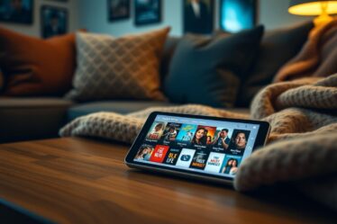 A cozy living room setting with a smartphone or tablet displaying various romantic movie app icons on the screen. The device is positioned on a wooden coffee table, surrounded by plush cushions and a warm, soft throw blanket. Soft, ambient lighting creates a comforting atmosphere, with a few framed movie posters or artwork visible in the background. The overall scene conveys a relaxing, intimate mood perfect for enjoying romantic films.