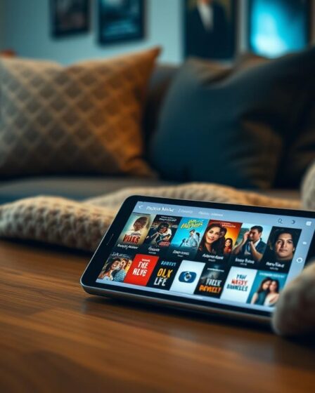 A cozy living room setting with a smartphone or tablet displaying various romantic movie app icons on the screen. The device is positioned on a wooden coffee table, surrounded by plush cushions and a warm, soft throw blanket. Soft, ambient lighting creates a comforting atmosphere, with a few framed movie posters or artwork visible in the background. The overall scene conveys a relaxing, intimate mood perfect for enjoying romantic films.