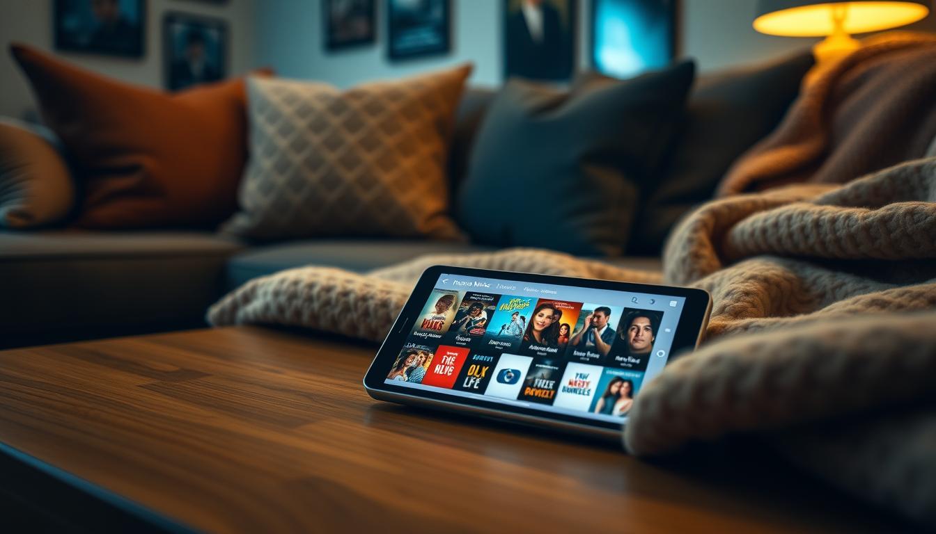 A cozy living room setting with a smartphone or tablet displaying various romantic movie app icons on the screen. The device is positioned on a wooden coffee table, surrounded by plush cushions and a warm, soft throw blanket. Soft, ambient lighting creates a comforting atmosphere, with a few framed movie posters or artwork visible in the background. The overall scene conveys a relaxing, intimate mood perfect for enjoying romantic films.