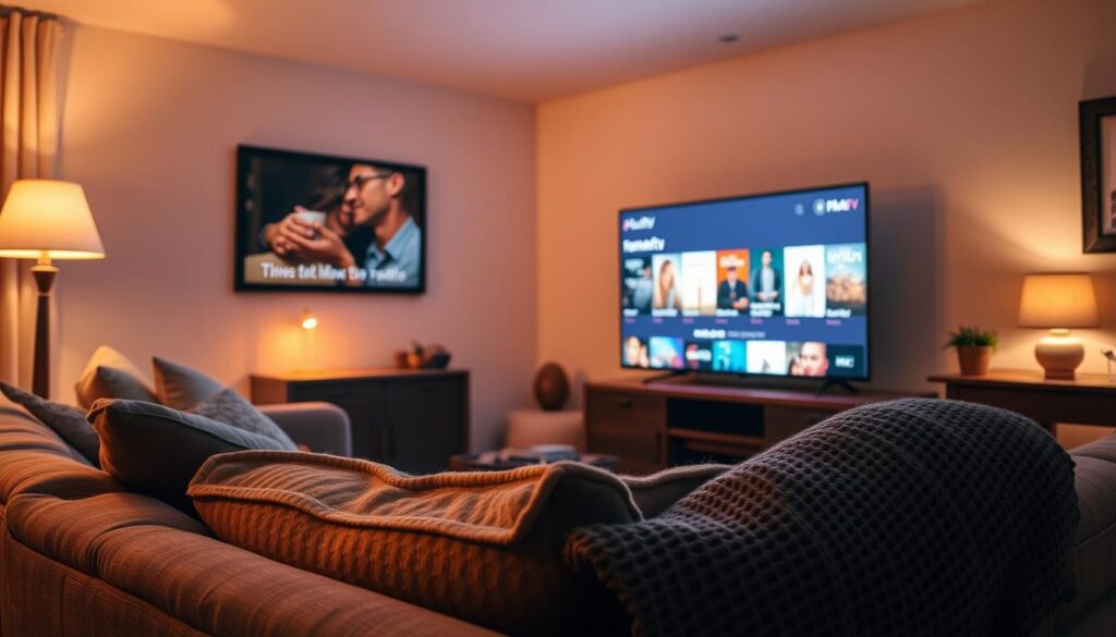 A cozy living room with a comfortable sofa and a warm, inviting ambiance. The soft glow of a flatscreen TV illuminates the room, displaying the PlutoTV interface showcasing a selection of romantic movie titles. Plush throw pillows and a knitted blanket add to the cozy, relaxing atmosphere. Warm lighting, perhaps from table lamps or a fireplace, casts a gentle glow throughout the space, creating a intimate, comfortable setting perfect for enjoying romantic films. The scene conveys a sense of contentment, relaxation, and the joy of discovering new romantic movies to watch at home. A cozy living room with a comfortable sofa and a warm, inviting ambiance. The soft glow of a flatscreen TV illuminates the room, displaying the PlutoTV interface showcasing a selection of romantic movie titles. Plush throw pillows and a knitted blanket add to the cozy, relaxing atmosphere. Warm lighting, perhaps from table lamps or a fireplace, casts a gentle glow throughout the space, creating a intimate, comfortable setting perfect for enjoying romantic films. The scene conveys a sense of contentment, relaxation, and the joy of discovering new romantic movies to watch at home.