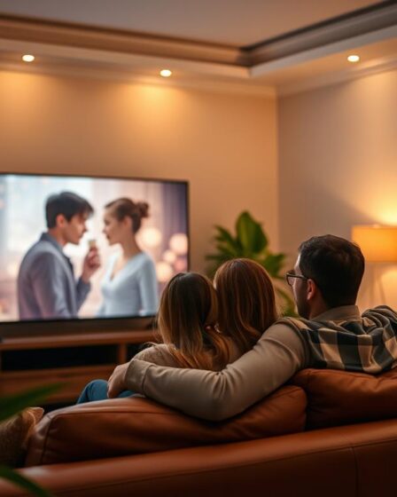 A cozy living room with a large, 4K HDTV displaying a romantic movie. Soft, warm lighting illuminates the space, creating a dreamy, intimate atmosphere. On a plush, leather couch, a couple snuggle up together, captivated by the film. The room is adorned with lush, potted plants and framed artwork, suggesting a refined, elegant aesthetic. Gentle, ambient music plays in the background, enhancing the romantic ambiance. The couple's expressions convey a sense of contentment and joy as they immerse themselves in the cinematic experience, basking in the comfort of their private sanctuary.