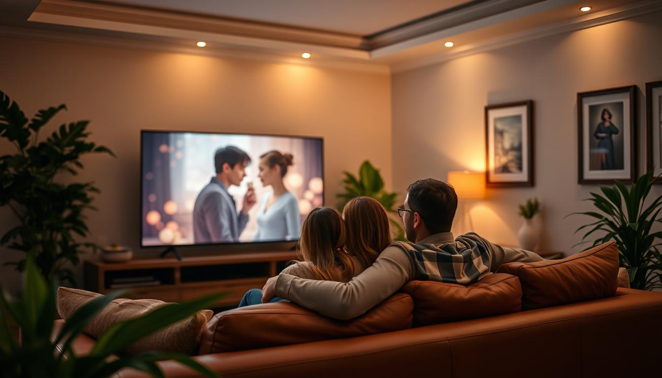 A cozy living room with a large, 4K HDTV displaying a romantic movie. Soft, warm lighting illuminates the space, creating a dreamy, intimate atmosphere. On a plush, leather couch, a couple snuggle up together, captivated by the film. The room is adorned with lush, potted plants and framed artwork, suggesting a refined, elegant aesthetic. Gentle, ambient music plays in the background, enhancing the romantic ambiance. The couple's expressions convey a sense of contentment and joy as they immerse themselves in the cinematic experience, basking in the comfort of their private sanctuary.