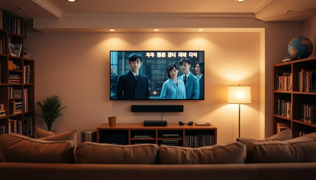 A cozy living room with a large flat-screen TV mounted on the wall, showcasing a captivating K-drama playing. The room is bathed in warm, soft lighting, creating a welcoming and relaxing atmosphere. In the foreground, a comfortable sofa and armchair are positioned facing the TV, inviting viewers to settle in and immerse themselves in the drama. The background features a bookshelf filled with various media, hinting at the diverse entertainment options available. The overall scene conveys the ease and enjoyment of watching high-quality K-dramas from the comfort of one's own home.