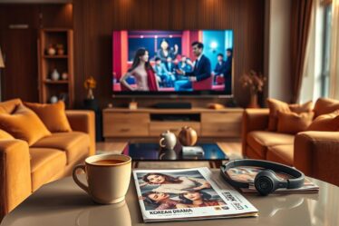 A cozy living room with a large flat-screen TV, surrounded by plush sofas and armchairs in warm earth tones. On the TV, a captivating Korean drama is playing, its vibrant colors and engaging storyline drawing the viewer in. The room is bathed in a soft, golden lighting, creating a comforting and immersive atmosphere. In the foreground, a cup of hot tea or coffee sits on a sleek, minimalist coffee table, accompanied by a stack of Korean drama magazines and a pair of wireless headphones, hinting at the viewer's deep appreciation for this popular media. The overall scene conveys a sense of relaxation, escapism, and the joy of discovering new stories and characters from the world of Korean television.