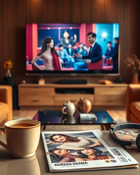 A cozy living room with a large flat-screen TV, surrounded by plush sofas and armchairs in warm earth tones. On the TV, a captivating Korean drama is playing, its vibrant colors and engaging storyline drawing the viewer in. The room is bathed in a soft, golden lighting, creating a comforting and immersive atmosphere. In the foreground, a cup of hot tea or coffee sits on a sleek, minimalist coffee table, accompanied by a stack of Korean drama magazines and a pair of wireless headphones, hinting at the viewer's deep appreciation for this popular media. The overall scene conveys a sense of relaxation, escapism, and the joy of discovering new stories and characters from the world of Korean television.
