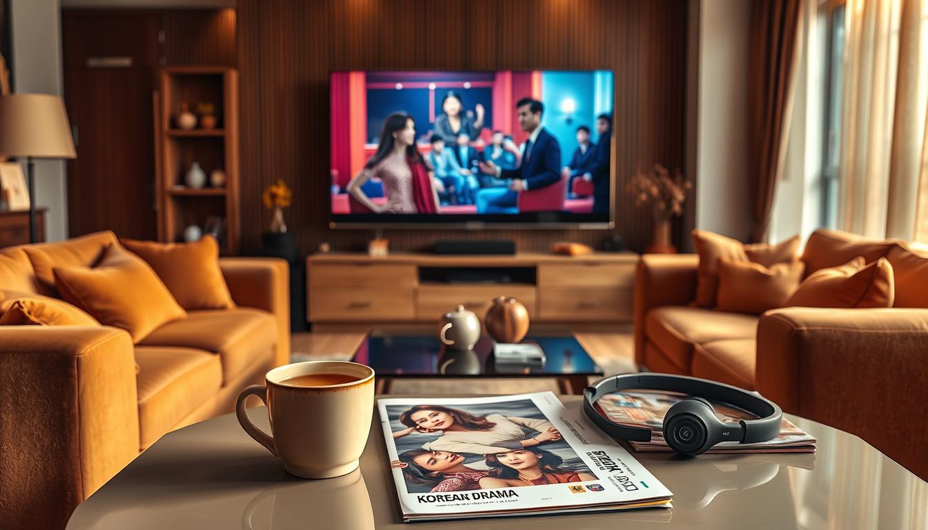 A cozy living room with a large flat-screen TV, surrounded by plush sofas and armchairs in warm earth tones. On the TV, a captivating Korean drama is playing, its vibrant colors and engaging storyline drawing the viewer in. The room is bathed in a soft, golden lighting, creating a comforting and immersive atmosphere. In the foreground, a cup of hot tea or coffee sits on a sleek, minimalist coffee table, accompanied by a stack of Korean drama magazines and a pair of wireless headphones, hinting at the viewer's deep appreciation for this popular media. The overall scene conveys a sense of relaxation, escapism, and the joy of discovering new stories and characters from the world of Korean television.