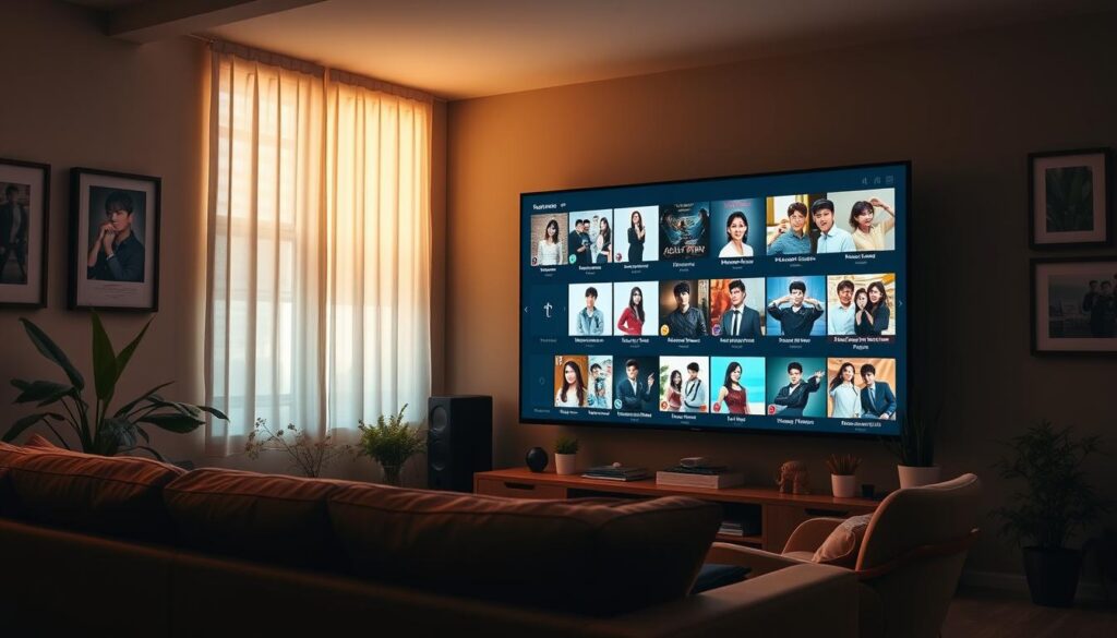 A cozy living room with a large, modern television screen displaying a diverse selection of Korean drama (K-drama) thumbnails. The screen is the focal point, bathed in a warm, soft light that creates a inviting atmosphere. In the foreground, a comfortable sofa and armchair provide the perfect spot for binge-watching. The room is adorned with potted plants, minimalist decor, and a few framed posters hinting at the viewer's passion for Korean entertainment. The overall scene conveys the effortless enjoyment of streaming K-dramas from the comfort of one's own home. A cozy living room with a large, modern television screen displaying a diverse selection of Korean drama (K-drama) thumbnails. The screen is the focal point, bathed in a warm, soft light that creates a inviting atmosphere. In the foreground, a comfortable sofa and armchair provide the perfect spot for binge-watching. The room is adorned with potted plants, minimalist decor, and a few framed posters hinting at the viewer's passion for Korean entertainment. The overall scene conveys the effortless enjoyment of streaming K-dramas from the comfort of one's own home.