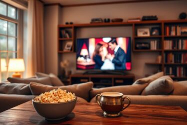 A cozy living room with a large, plush sofa facing a flat-screen TV. Soft, warm lighting illuminates the space, creating a romantic ambiance. On the screen, a classic romantic film is playing, its vibrant colors and captivating storyline drawing the viewer in. In the foreground, a bowl of freshly popped popcorn and a mug of steaming hot chocolate sit on a wooden coffee table, inviting the viewer to settle in and enjoy the cinematic experience. The background features a bookshelves filled with a diverse collection of films, hinting at the vast world of online streaming options available for romantic movie enthusiasts.