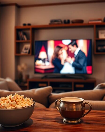 A cozy living room with a large, plush sofa facing a flat-screen TV. Soft, warm lighting illuminates the space, creating a romantic ambiance. On the screen, a classic romantic film is playing, its vibrant colors and captivating storyline drawing the viewer in. In the foreground, a bowl of freshly popped popcorn and a mug of steaming hot chocolate sit on a wooden coffee table, inviting the viewer to settle in and enjoy the cinematic experience. The background features a bookshelves filled with a diverse collection of films, hinting at the vast world of online streaming options available for romantic movie enthusiasts.