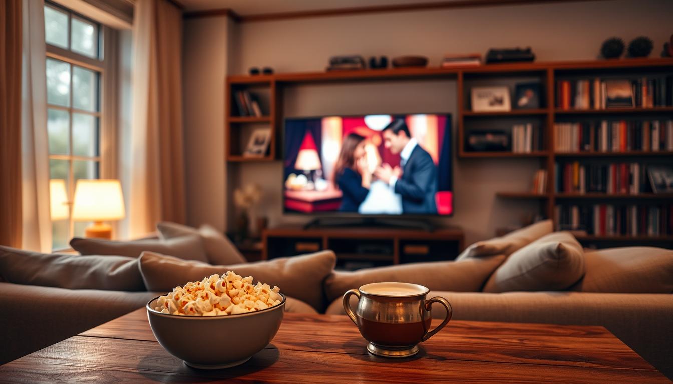 A cozy living room with a large, plush sofa facing a flat-screen TV. Soft, warm lighting illuminates the space, creating a romantic ambiance. On the screen, a classic romantic film is playing, its vibrant colors and captivating storyline drawing the viewer in. In the foreground, a bowl of freshly popped popcorn and a mug of steaming hot chocolate sit on a wooden coffee table, inviting the viewer to settle in and enjoy the cinematic experience. The background features a bookshelves filled with a diverse collection of films, hinting at the vast world of online streaming options available for romantic movie enthusiasts.