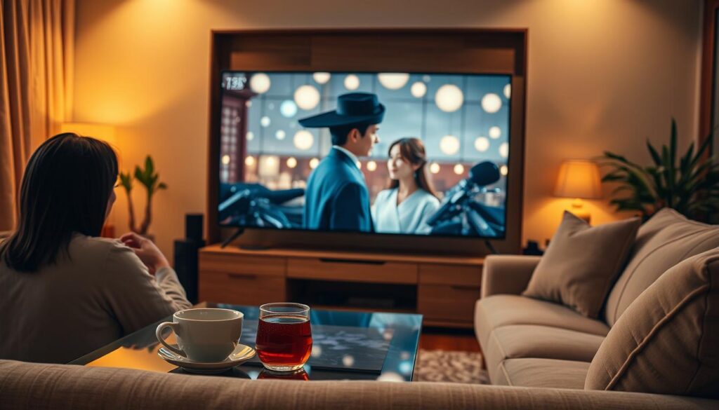A cozy living room with a large screen television, a plush sofa, and a cup of hot tea on a glass coffee table. The room is bathed in warm, soft lighting, creating a welcoming and relaxing atmosphere. On the television, a captivating Korean drama unfolds, transporting the viewer into a world of romance, intrigue, and cultural richness. The viewer is engrossed, their eyes fixed on the screen, as the alluring characters and intriguing plot lines draw them deeper into the storytelling. The room exudes a sense of comfort and familiarity, reflecting the growing popularity of Korean dramas among Brazilian audiences.