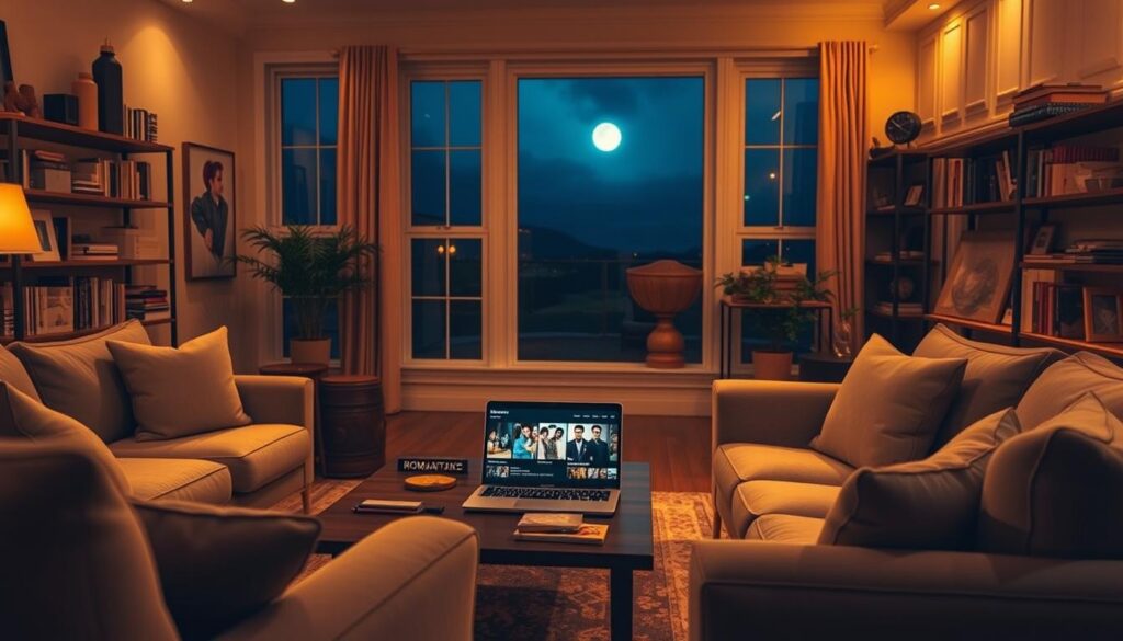 A cozy living room with a plush sofa and armchairs, dimly lit by warm, golden lighting. On the coffee table, a laptop displaying a romantic movie streaming service, with a variety of film poster thumbnails visible. Surrounding the living room, shelves filled with books and decor, creating a cozy, intimate atmosphere. The room is decorated with soft, muted colors and textures, evoking a sense of comfort and relaxation. A large window in the background offers a glimpse of a serene, moonlit night sky, adding to the romantic ambiance. A cozy living room with a plush sofa and armchairs, dimly lit by warm, golden lighting. On the coffee table, a laptop displaying a romantic movie streaming service, with a variety of film poster thumbnails visible. Surrounding the living room, shelves filled with books and decor, creating a cozy, intimate atmosphere. The room is decorated with soft, muted colors and textures, evoking a sense of comfort and relaxation. A large window in the background offers a glimpse of a serene, moonlit night sky, adding to the romantic ambiance.