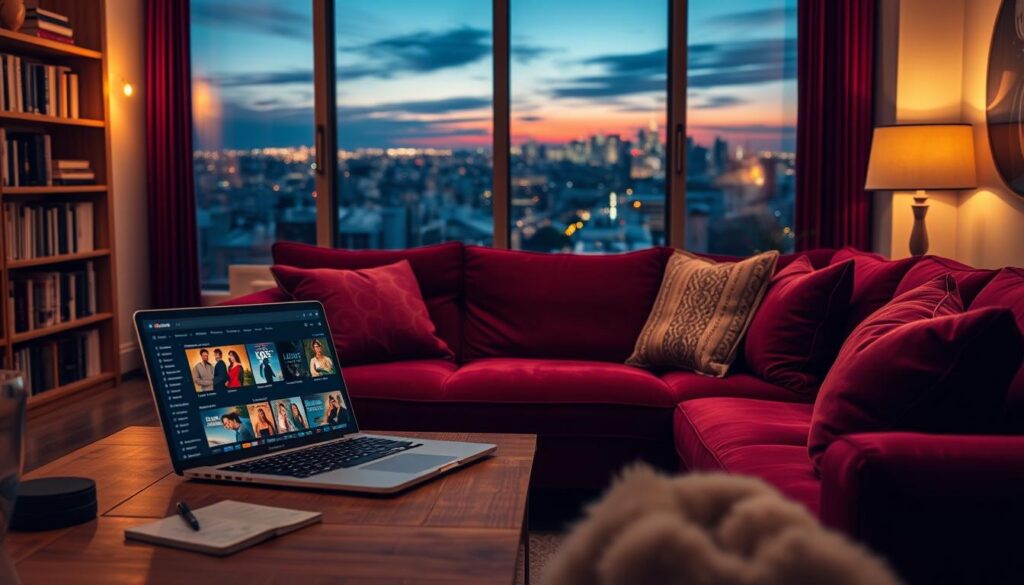 A cozy living room with a soft, warm lighting glow. In the foreground, a plush velvet couch in a rich burgundy hue, adorned with fluffy pillows. On a wooden coffee table, a laptop displaying a streaming platform's menu, showcasing an array of romantic film titles. In the middle ground, bookshelves line the walls, their spines hinting at classic love stories. The background depicts a large window, revealing a picturesque city skyline at dusk, with twinkling lights on the horizon. The overall atmosphere is one of relaxation, escapism, and the promise of a heartwarming cinematic experience, all within the comfort of a welcoming, intimate space.