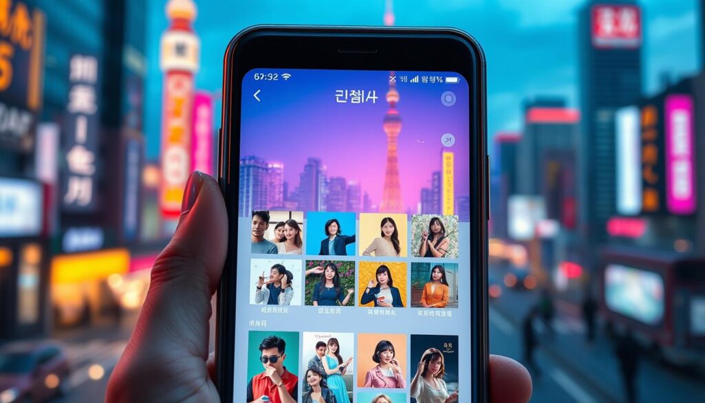 A highly detailed, vibrant 4K digital illustration of a smartphone screen displaying the user interface of a Korean drama streaming app. The app's home screen features vivid thumbnails of popular Korean drama series, with a clean, minimalist layout and modern typography. The background is a blurred cityscape of Seoul, with neon lights and skyscrapers visible through the phone's glass body. The screen is illuminated by a warm, cinematic lighting scheme, creating a sense of immersion and high production value. The overall composition conveys a sense of excitement and discovery, reflecting the surprise and delight of the app's unique features. A highly detailed, vibrant 4K digital illustration of a smartphone screen displaying the user interface of a Korean drama streaming app. The app's home screen features vivid thumbnails of popular Korean drama series, with a clean, minimalist layout and modern typography. The background is a blurred cityscape of Seoul, with neon lights and skyscrapers visible through the phone's glass body. The screen is illuminated by a warm, cinematic lighting scheme, creating a sense of immersion and high production value. The overall composition conveys a sense of excitement and discovery, reflecting the surprise and delight of the app's unique features.