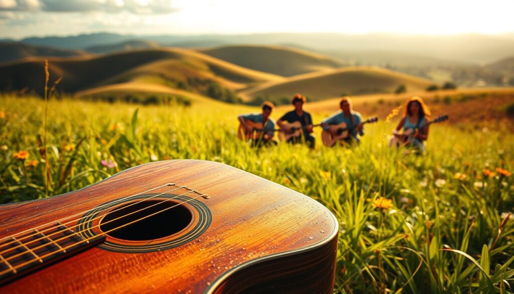 A lush, sun-dappled meadow in the heart of the Brazilian sertão, dotted with vibrant wildflowers and swaying grasses. In the foreground, a weathered acoustic guitar rests, its strings glistening with dew. The mid-ground features a group of musicians, their faces alight with joy as they strum and sing a captivating sertanejo melody. In the background, rolling hills rise up, painted in warm hues of ochre and sienna, with a distant horizon line that seems to stretch on forever. The scene is bathed in a golden, soft-focus glow, evoking a sense of timeless nostalgia and the enduring spirit of the Brazilian sertão. A lush, sun-dappled meadow in the heart of the Brazilian sertão, dotted with vibrant wildflowers and swaying grasses. In the foreground, a weathered acoustic guitar rests, its strings glistening with dew. The mid-ground features a group of musicians, their faces alight with joy as they strum and sing a captivating sertanejo melody. In the background, rolling hills rise up, painted in warm hues of ochre and sienna, with a distant horizon line that seems to stretch on forever. The scene is bathed in a golden, soft-focus glow, evoking a sense of timeless nostalgia and the enduring spirit of the Brazilian sertão.