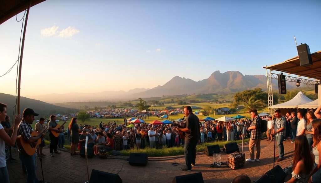 A panoramic scene of a lively countryside festival, bathed in warm evening light. In the foreground, a group of musicians perform on a rustic stage, their guitars and accordions capturing the soulful essence of "música sertaneja". The crowd sways and claps along, their faces alight with joy. In the middle ground, colorful tents and food stalls dot the landscape, evoking the vibrant cultural traditions of rural Brazil. Towering in the background, rolling hills and distant mountains lend a sense of timeless, natural beauty to the scene. The overall atmosphere is one of festive celebration, rich heritage, and the enduring power of this unique musical genre. A panoramic scene of a lively countryside festival, bathed in warm evening light. In the foreground, a group of musicians perform on a rustic stage, their guitars and accordions capturing the soulful essence of "música sertaneja". The crowd sways and claps along, their faces alight with joy. In the middle ground, colorful tents and food stalls dot the landscape, evoking the vibrant cultural traditions of rural Brazil. Towering in the background, rolling hills and distant mountains lend a sense of timeless, natural beauty to the scene. The overall atmosphere is one of festive celebration, rich heritage, and the enduring power of this unique musical genre.