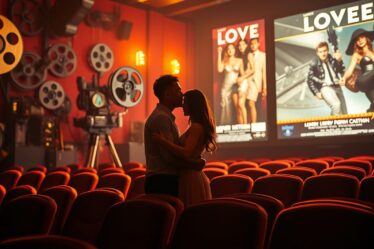A romantic cinematic landscape unfolds, with a captivating couple in the foreground, their silhouettes embracing against a backdrop of vintage movie reels, film canisters, and flickering projector lights. The scene is bathed in a warm, golden glow, evoking the timeless charm of classic Hollywood. The middle ground features plush movie theater seats, their velvet upholstery complementing the rich, cinematic atmosphere. In the background, towering movie screens display iconic movie posters, showcasing the diverse narratives and emotive stories that have captivated audiences through the ages. The composition is balanced, the lighting dramatic, and the overall mood one of nostalgia, passion, and the enduring power of love on the silver screen.