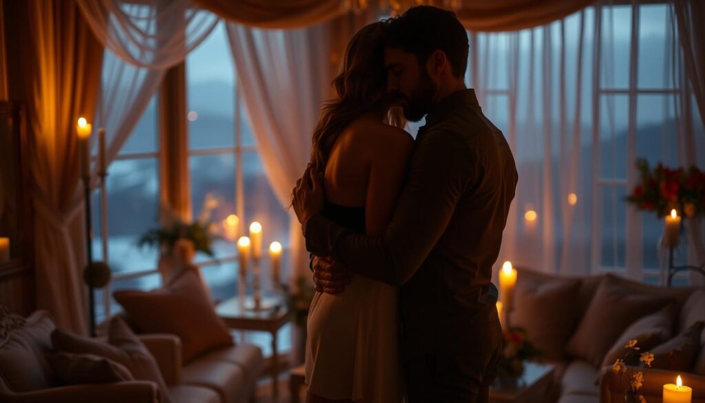 A romantic couple in an intimate embrace, sharing a tender moment under the warm glow of candlelight. The foreground features their entwined bodies, conveying a sense of deep emotional connection and passion. The middle ground showcases a cozy, softly lit interior, with lush fabrics, plush furnishings, and delicate floral accents, creating an atmosphere of timeless elegance. The background fades into a dreamy, ethereal landscape, hinting at the boundless nature of their love. The lighting is gentle and atmospheric, casting a soft, romantic hue over the entire scene. The overall mood is one of enchantment, intimacy, and the timeless beauty of unforgettable love stories. A romantic couple in an intimate embrace, sharing a tender moment under the warm glow of candlelight. The foreground features their entwined bodies, conveying a sense of deep emotional connection and passion. The middle ground showcases a cozy, softly lit interior, with lush fabrics, plush furnishings, and delicate floral accents, creating an atmosphere of timeless elegance. The background fades into a dreamy, ethereal landscape, hinting at the boundless nature of their love. The lighting is gentle and atmospheric, casting a soft, romantic hue over the entire scene. The overall mood is one of enchantment, intimacy, and the timeless beauty of unforgettable love stories.