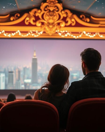 A romantic movie theater with plush velvet seats and a grand, ornate screen. Soft, warm lighting casts a cozy glow, while couples snuggle together, completely immersed in the on-screen love story. The background is a hazy, dreamlike city skyline, with twinkling lights and a starry night sky. The overall atmosphere is one of intimate, escapist bliss, transporting the viewer to a world of passionate romance.
