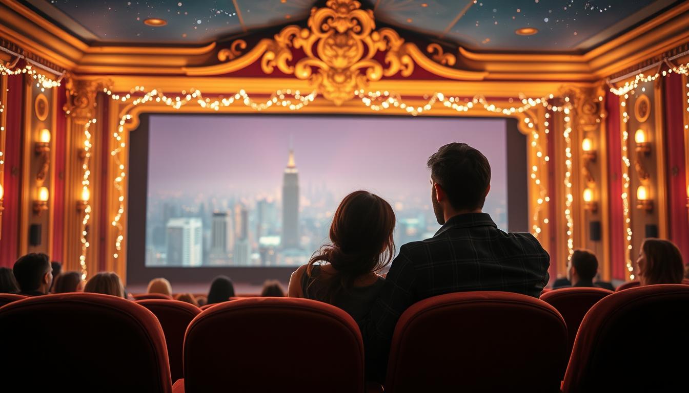 A romantic movie theater with plush velvet seats and a grand, ornate screen. Soft, warm lighting casts a cozy glow, while couples snuggle together, completely immersed in the on-screen love story. The background is a hazy, dreamlike city skyline, with twinkling lights and a starry night sky. The overall atmosphere is one of intimate, escapist bliss, transporting the viewer to a world of passionate romance.