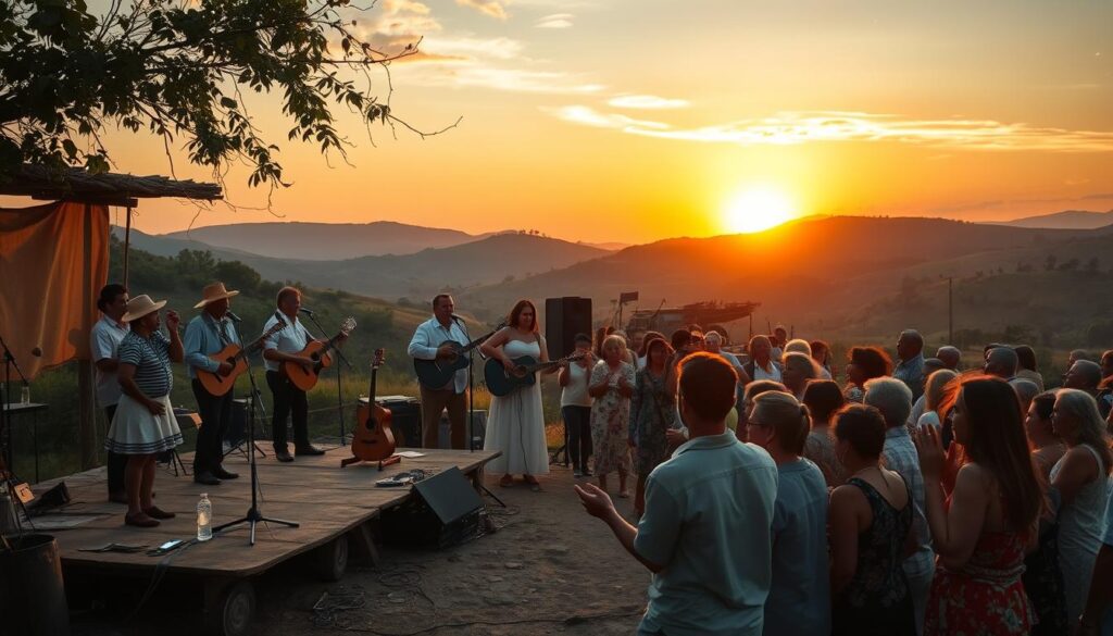A rustic outdoor scene in the heart of Brazil's countryside, capturing the essence of "música sertaneja." In the foreground, a group of musicians dressed in traditional garb perform on a small stage, their instruments and vocals filling the air with the soulful sounds of this beloved genre. The middle ground features a lively crowd of listeners, swaying and clapping along to the music, their faces alight with joy and appreciation. In the background, rolling hills and a vibrant, golden sunset cast a warm, nostalgic glow over the entire scene, evoking the deep-rooted traditions and cultural heritage of Brazil's rural heartland. A rustic outdoor scene in the heart of Brazil's countryside, capturing the essence of "música sertaneja." In the foreground, a group of musicians dressed in traditional garb perform on a small stage, their instruments and vocals filling the air with the soulful sounds of this beloved genre. The middle ground features a lively crowd of listeners, swaying and clapping along to the music, their faces alight with joy and appreciation. In the background, rolling hills and a vibrant, golden sunset cast a warm, nostalgic glow over the entire scene, evoking the deep-rooted traditions and cultural heritage of Brazil's rural heartland.