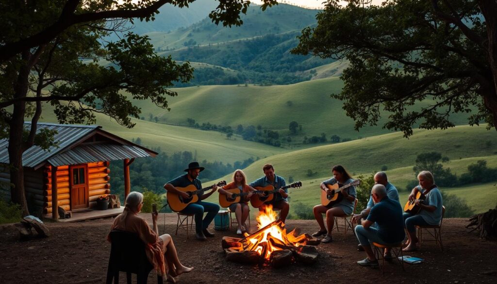 A serene countryside landscape, with rolling hills and lush greenery in the background. In the foreground, a rustic wooden cabin nestled among the trees, its warm glow inviting the viewer. In the middle ground, a group of people gather around a crackling campfire, guitars in hand, playing soulful sertaneja music. The scene is bathed in soft, golden light, creating a cozy and inviting atmosphere. The image conveys the joy and community of enjoying traditional Brazilian music in a natural, outdoor setting. A serene countryside landscape, with rolling hills and lush greenery in the background. In the foreground, a rustic wooden cabin nestled among the trees, its warm glow inviting the viewer. In the middle ground, a group of people gather around a crackling campfire, guitars in hand, playing soulful sertaneja music. The scene is bathed in soft, golden light, creating a cozy and inviting atmosphere. The image conveys the joy and community of enjoying traditional Brazilian music in a natural, outdoor setting.