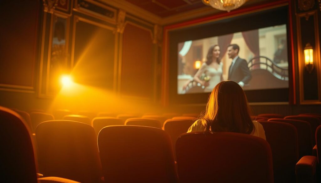 A softly lit scene of a cozy movie theater interior, with plush velvet seats and gilded Art Deco accents. The warm glow of the projector casts a romantic amber hue, illuminating a couple sitting close together, lost in the film playing on the large screen. Subtle shadows and highlights create a sense of intimacy and intrigue. The background is slightly blurred, focusing the viewer's attention on the pair enjoying a classic romantic movie together. A softly lit scene of a cozy movie theater interior, with plush velvet seats and gilded Art Deco accents. The warm glow of the projector casts a romantic amber hue, illuminating a couple sitting close together, lost in the film playing on the large screen. Subtle shadows and highlights create a sense of intimacy and intrigue. The background is slightly blurred, focusing the viewer's attention on the pair enjoying a classic romantic movie together.