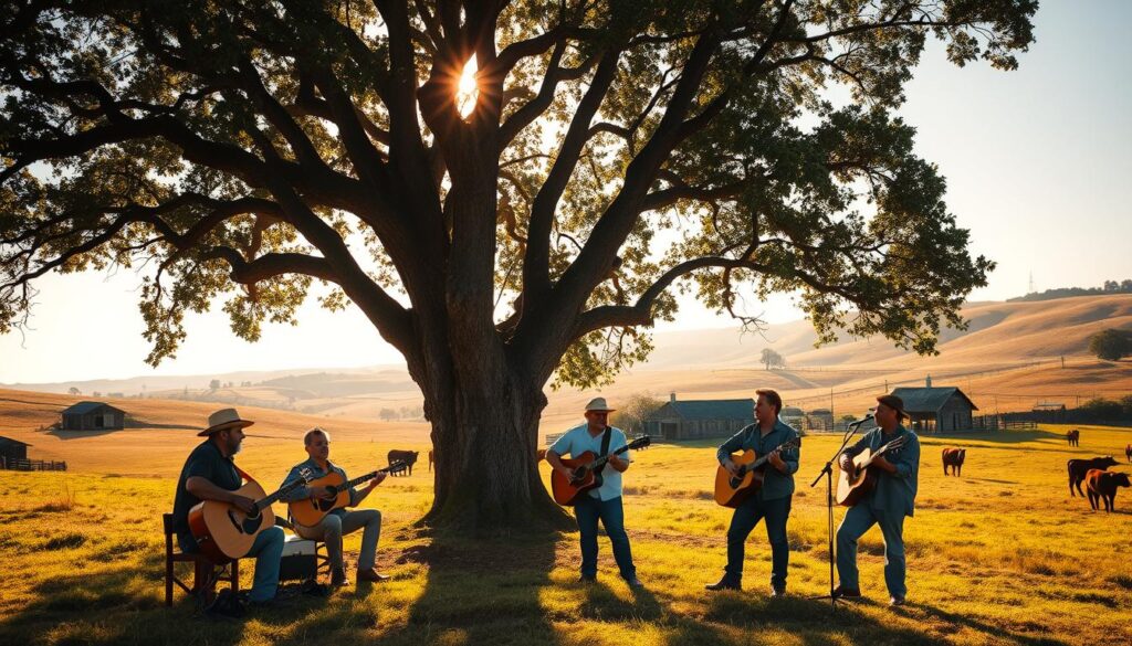 A sun-drenched rural landscape, rolling hills dotted with weathered barns and sprawling farmhouses. In the foreground, a group of musicians gather under the shade of a large oak tree, guitars in hand, harmonizing soulful melodies that capture the essence of Brazilian "música sertaneja". Warm lighting filters through the leaves, casting a golden glow over the scene. The musicians wear rugged, casual attire, their faces reflecting the deep connection to their craft and the land that inspires it. In the distance, silhouettes of cattle graze peacefully, completing the idyllic, bucolic atmosphere of Brazil's heartland. A sun-drenched rural landscape, rolling hills dotted with weathered barns and sprawling farmhouses. In the foreground, a group of musicians gather under the shade of a large oak tree, guitars in hand, harmonizing soulful melodies that capture the essence of Brazilian "música sertaneja". Warm lighting filters through the leaves, casting a golden glow over the scene. The musicians wear rugged, casual attire, their faces reflecting the deep connection to their craft and the land that inspires it. In the distance, silhouettes of cattle graze peacefully, completing the idyllic, bucolic atmosphere of Brazil's heartland.